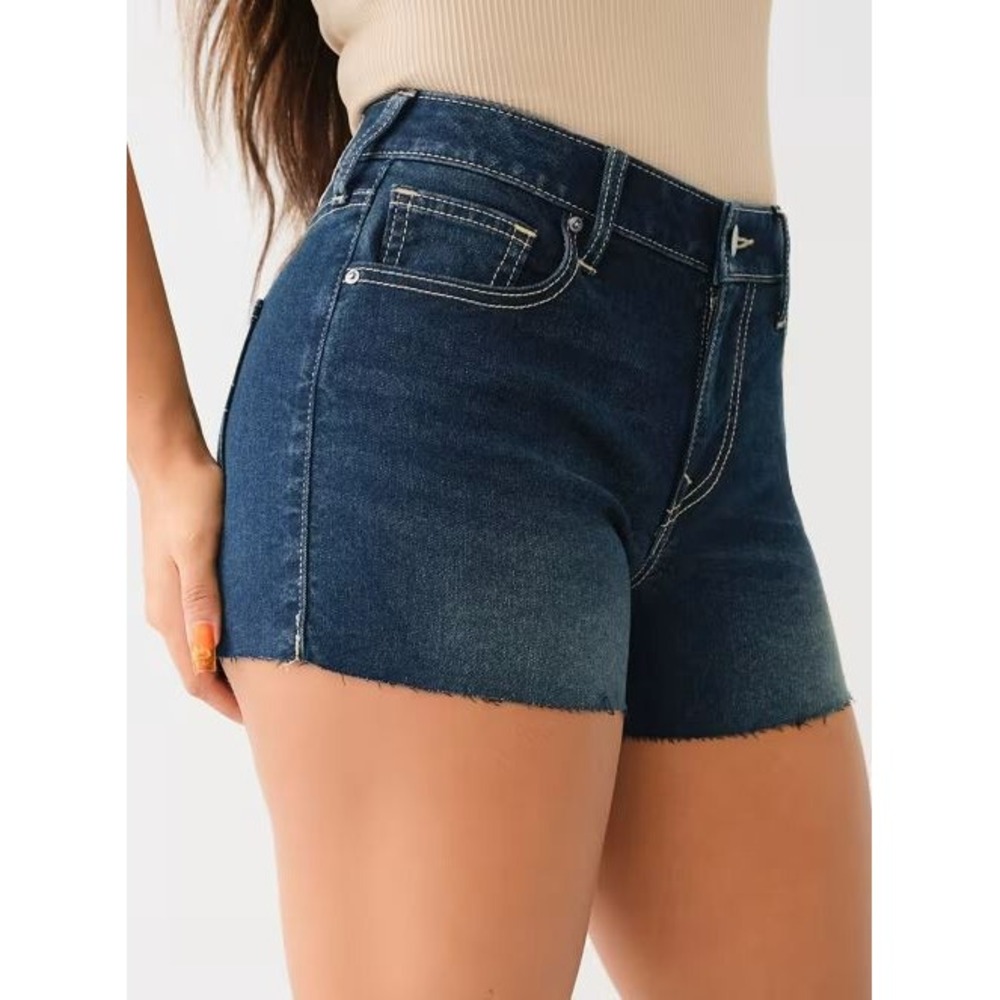 True Religion Jennie Mid Rise Curvy Raw Hem Denim Shorts Blue W 28 208013